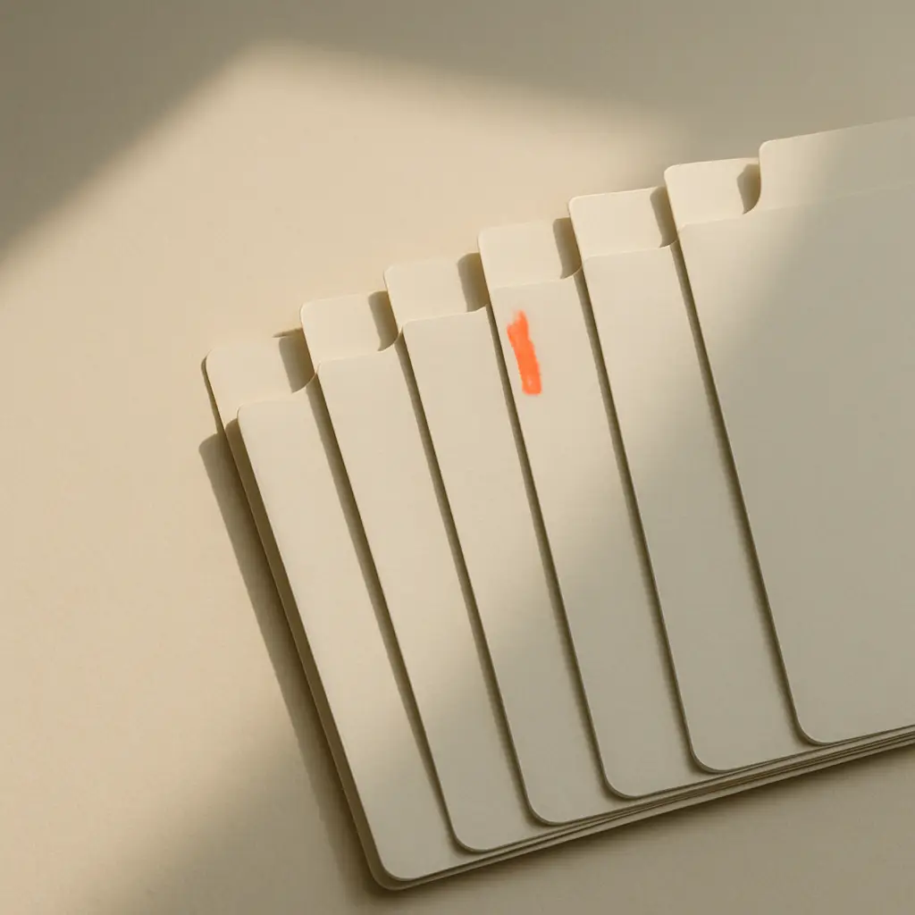 A fan of blank tabbed dividers on a plain surface, lit from the upper left, one tab marked with a small stroke of red ink.